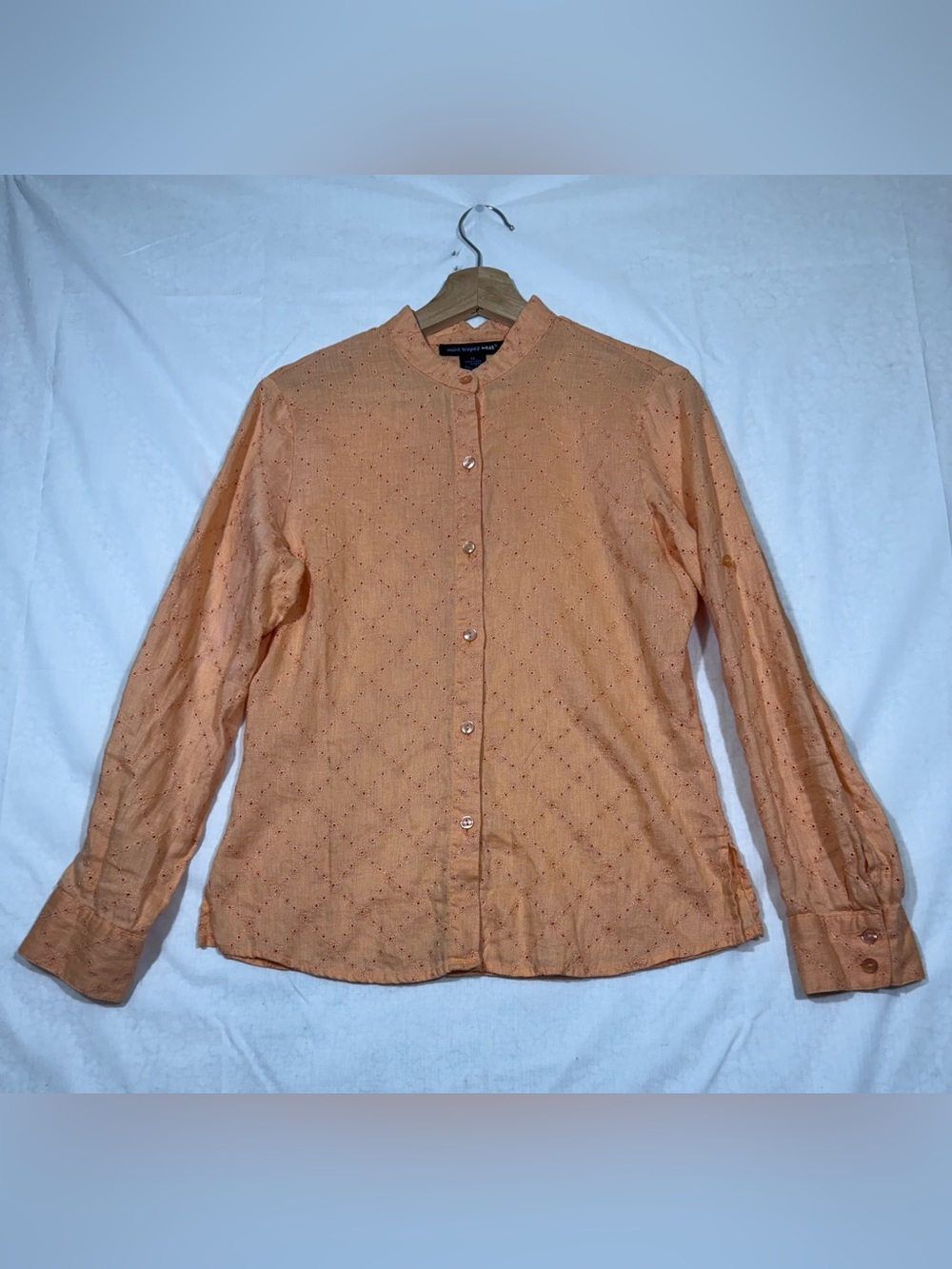 St Tropez West Eyelet Button Down Linen Shirt Womens M Peach Resortwear